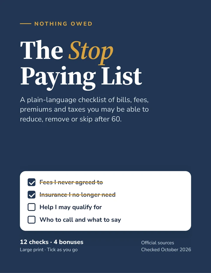 Cover of The Stop Paying List ebook, with a checklist of fees crossed off