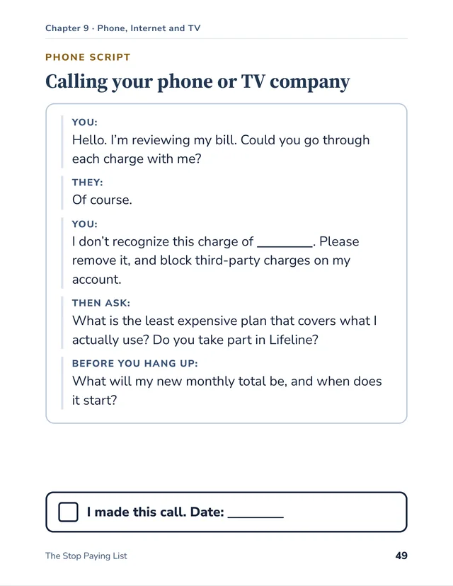 Sample page: a word-for-word phone script for calling a phone or TV company