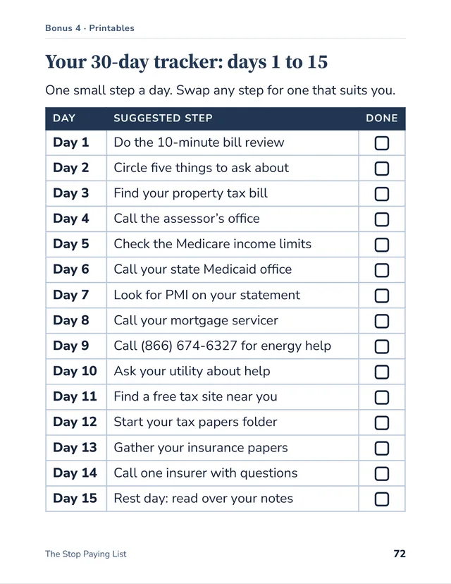 Sample page: a 30-day tracker table with a suggested step and a tick box for each day